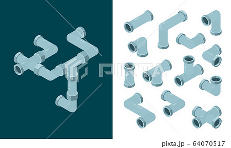 Industrial pipes. Oil or water plastic tubes steel pipes connections vector isometric set 64070517