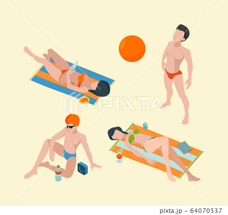 Summer people isometric. Male and female vacation characters in summer clothes vector persons collection 64070537