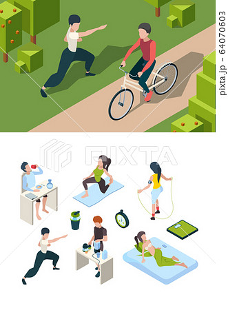 Healthy lifestyle. Daily activities of sport people nutrition for health active habits of successful person vector isometric 64070603