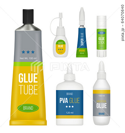Glue packages. Stationary collection bottles stick tubes for liquid glue vector realistic set 64070640