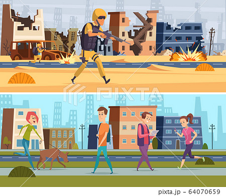War and peace. Soldiers come back home from war military character warrior with family vector concept background 64070659