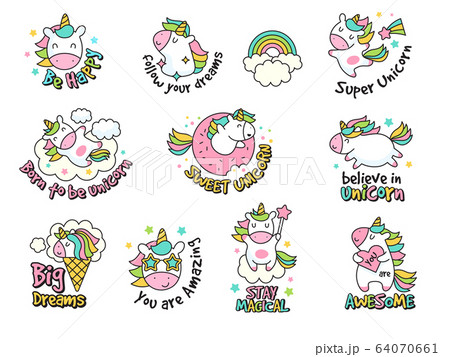 Unicorn labels collection. Retro fashioned stickers and badges with fantasy funny characters vector set 64070661