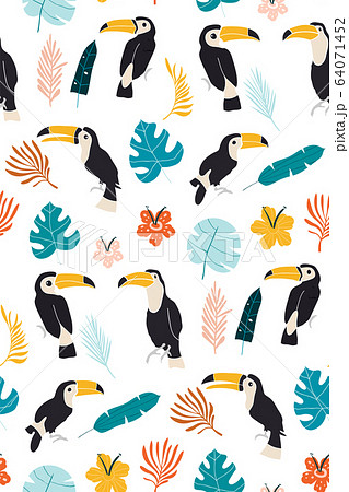 Tropical Background. Toucan Bird, Cactus, Flowers. Seamless Pattern.  64071452