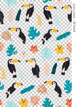 Tropical Background. Toucan Bird, Cactus, Flowers. Seamless Pattern.  64071452