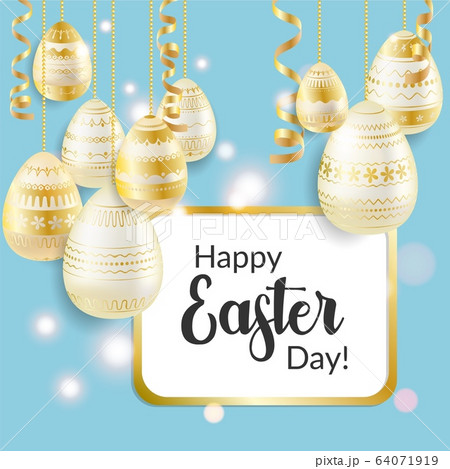 Easter egg. Easter greeting card with golden eggs, ribbons, shiny effect. Religious holiday vector illustration for poster, flyer. Decorating eggs with ribbons. Happy Easter 64071919