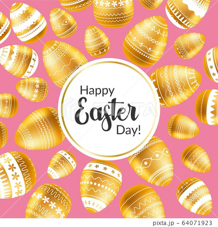 Easter egg. Easter greeting card with golden eggs. Religious holiday vector illustration for poster, flyer. Decorating golden eggs with ornaments on pink background. Happy Easter 64071923