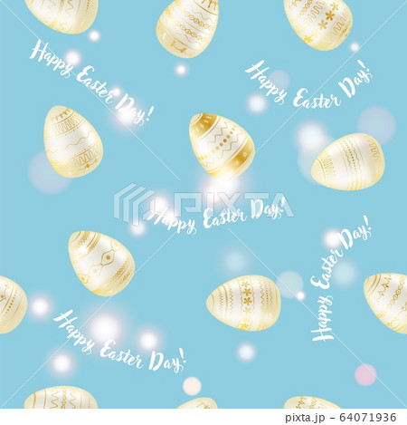 Easter egg. Pattern with realistic Easter eggs. Seamless texture vector illustration with glow effect. Religious holiday background decoration. White eggs with gold ornaments on blue background. Easter egg. Pattern with realistic Easter eggs. Seamless texture vector illustration with glow effect. Religious holiday background decoration. White eggs with gold ornaments on blue background. 64071936