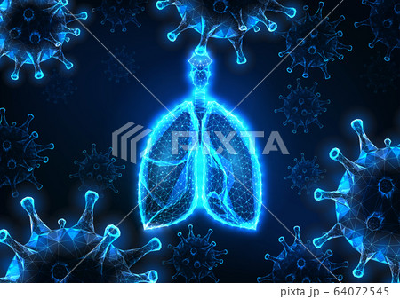 Futuristic covid-19 coronavirus caused viral pneumonia banner with glowing human lungs and viruses Futuristic covid-19 coronavirus caused viral pneumonia banner with glowing human lungs and viruses 64072545