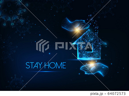 Futuristic stay at home during coronavirus quarantine concept with glowing hands holding a house Futuristic stay at home during coronavirus quarantine concept with glowing hands holding a house 64072573