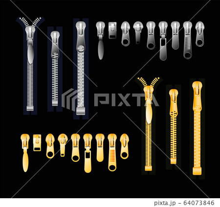 zipper Set of gold and silver metallic closed and open zippers and pullers realistic set isolated on black background vector illustration 64073846
