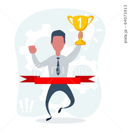 Happy businessman crosses finish line with trophy cup, gold medal, for business competition or 64073913