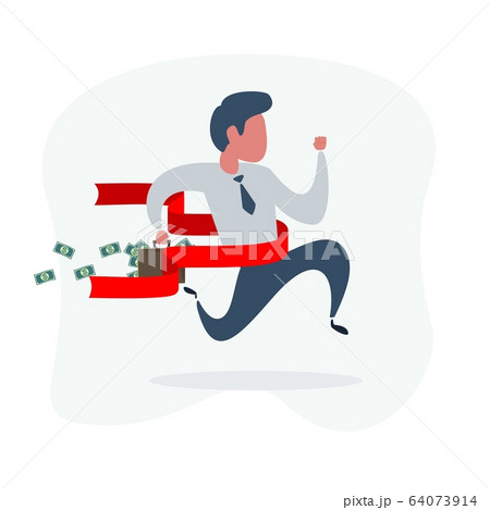 Full length portrait of a businessman running at the finish line isolated on white background 64073914