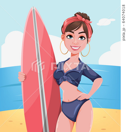 Young Girl With A Surfboard On Sand Beachのイラスト素材