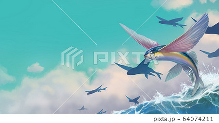 A flock of flying fish on a wave. Realistic illustration background place for text. A group of fish on a blue ocean background, the feeling of flying freedom. 64074211