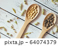 Herbal pills and dry herbs on wooden background. 64074379