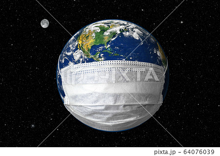 Earth in medical mask on star sky background, Earth in medical mask on star sky background, 64076039