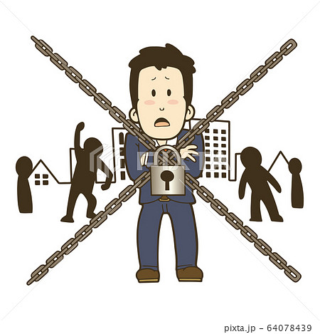 ウイルスと鎖にはばまれたビジネスマン 混乱している街の背景のイラスト素材