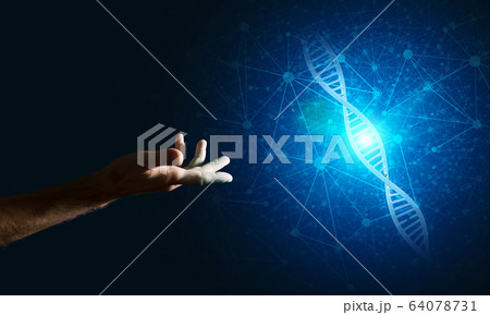 Science medicine and technology concepts as DNA molecule on dark background with connection lines Science medicine and technology concepts as DNA molecule on dark background with connection lines 64078731