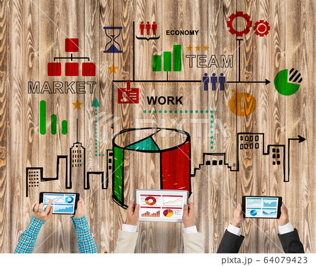 Top view of businesspeople sitting at table and using gadgets Top view of businesspeople sitting at table and using gadgets 64079423
