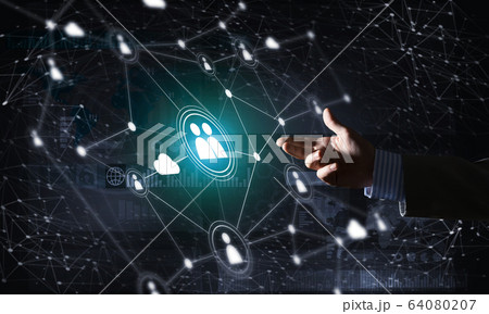 Creating modern wireless technologies as means of communucation and networking on dark background 64080207