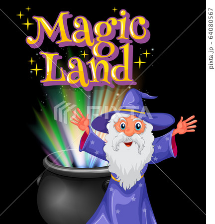 Poster design with word magic land and old wizard 64080567