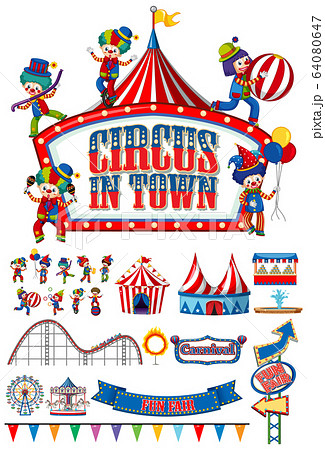 Large set of circus clowns and rides on white 64080647