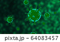 Viruses, Virus Cells under microscope, floating in fluid with green background. Pathogens outbreak of bacterium and virus, disease causing microorganisms. COVID-19 Coronavirus. 64083457