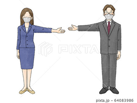 ソーシャルディスタンス ２人 マスクあり 手を広げる のイラスト素材