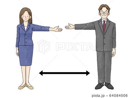 ソーシャルディスタンス（2人、片手広げる、矢印） 64084006