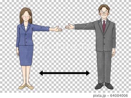 ソーシャルディスタンス（2人、片手広げる、矢印） 64084006