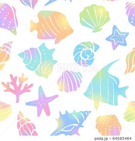 海の生き物のシームレスパターン背景 虹色グラデーション のイラスト素材