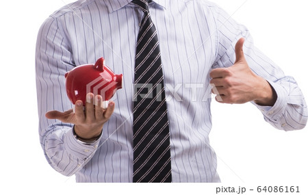 Young businessman with piggybank isolated on white background 64086161