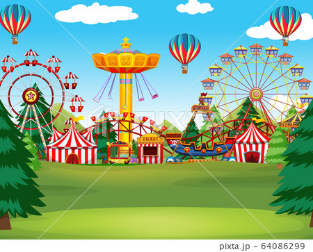 Themepark scene with many rides and balloons in 64086299