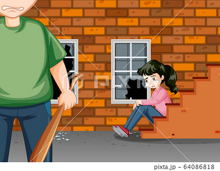 Scene with angry man and crying girl on the street 64086818