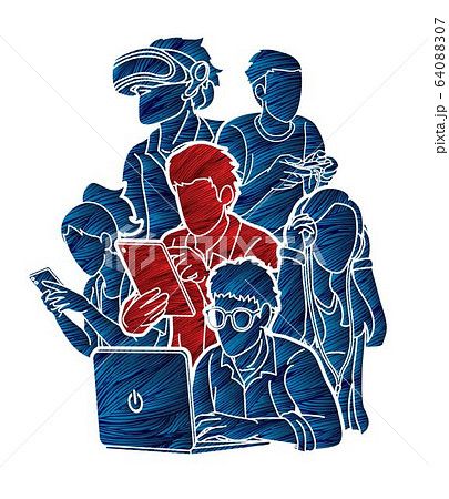 Group of People using digital devices cartoon graphic vector 64088307