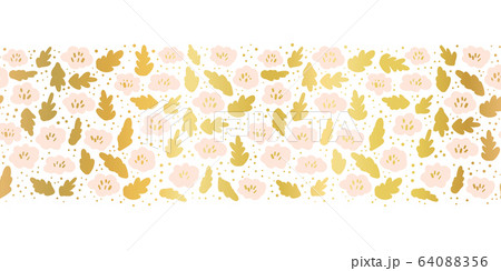 Seamless vector border pink and metallic gold foil flowers. Shiny golden pale pink on white floral 64088356
