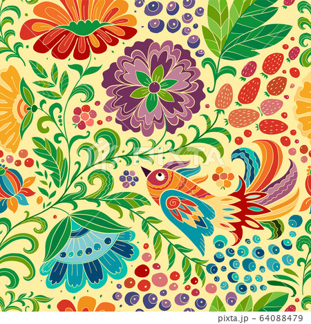 Magic forest with birds, seamless pattern for your design 64088479