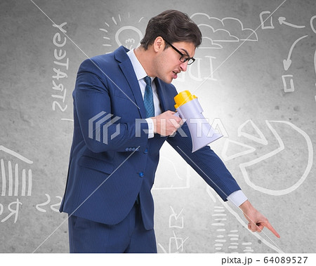 Bad angry boss shouting at employee with loudspeaker Bad angry boss shouting at employee with loudspeaker 64089527