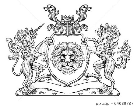 Crest Horse Unicorn Coat of Arms Lion Shield Seal 64089737