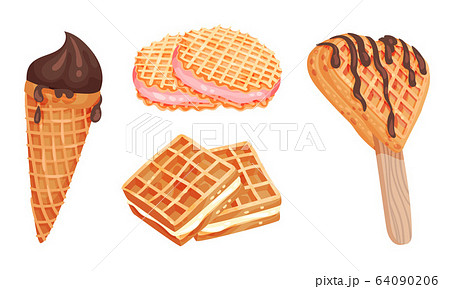 Waffle or Wafer Desserts with Ice Cream and Gaufre Sticking Together Vector Set 64090206
