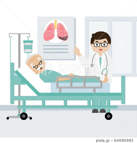 The doctor explain the symptoms of lung diseases to senior patient. 64090985