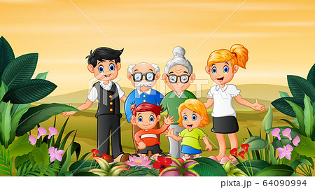 Family portrait in a flowering garden 64090994