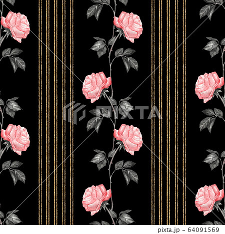 Seamless floral pattern of pink roses on black background Seamless floral pattern of pink roses on black background 64091569