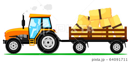 Tractor with a trailer of hay on white background. 64091711