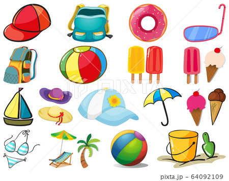 Large set of different summer objects on white 64092109