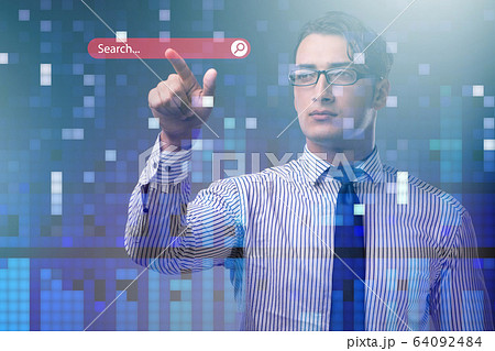 Search concept with businessman pressing button 64092484