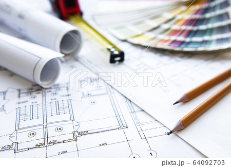 Architect workplace top view Architect workplace top view 64092703