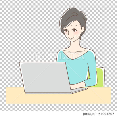 パソコンを操作して笑顔の女性 64093207