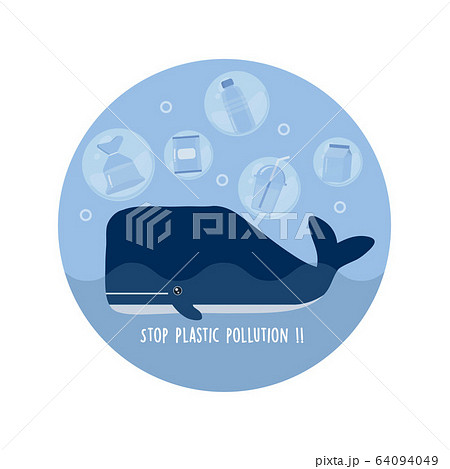 Stop ocean plastic pollution. Plastic garbage and whale in the ocean.  64094049