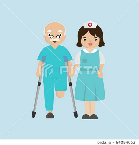 Nurse helping senior patient with a cane. 64094052